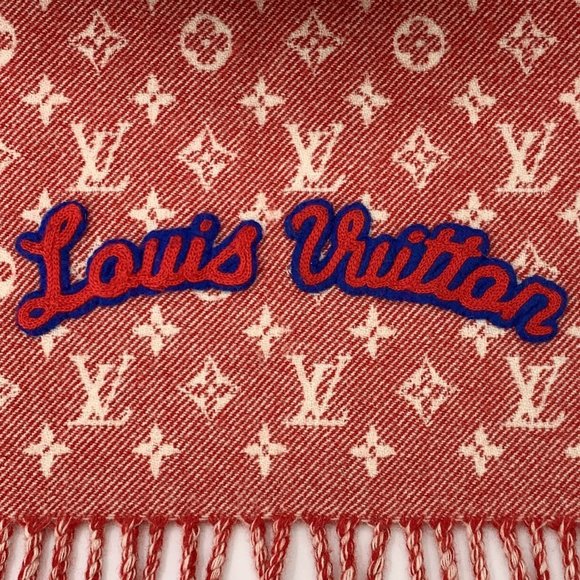 Louis Vuitton Red Monogram Logo Wool & Silk Fringed Scarf Reversible Design - Picture 7 of 9
